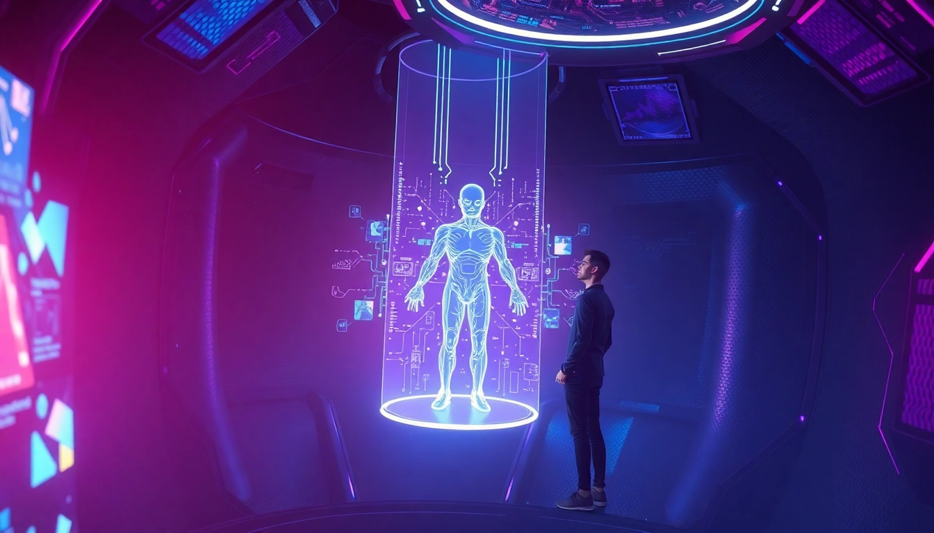 A futuristic digital scene showing a human interacting with a holographic AI character in a high-tech environment.