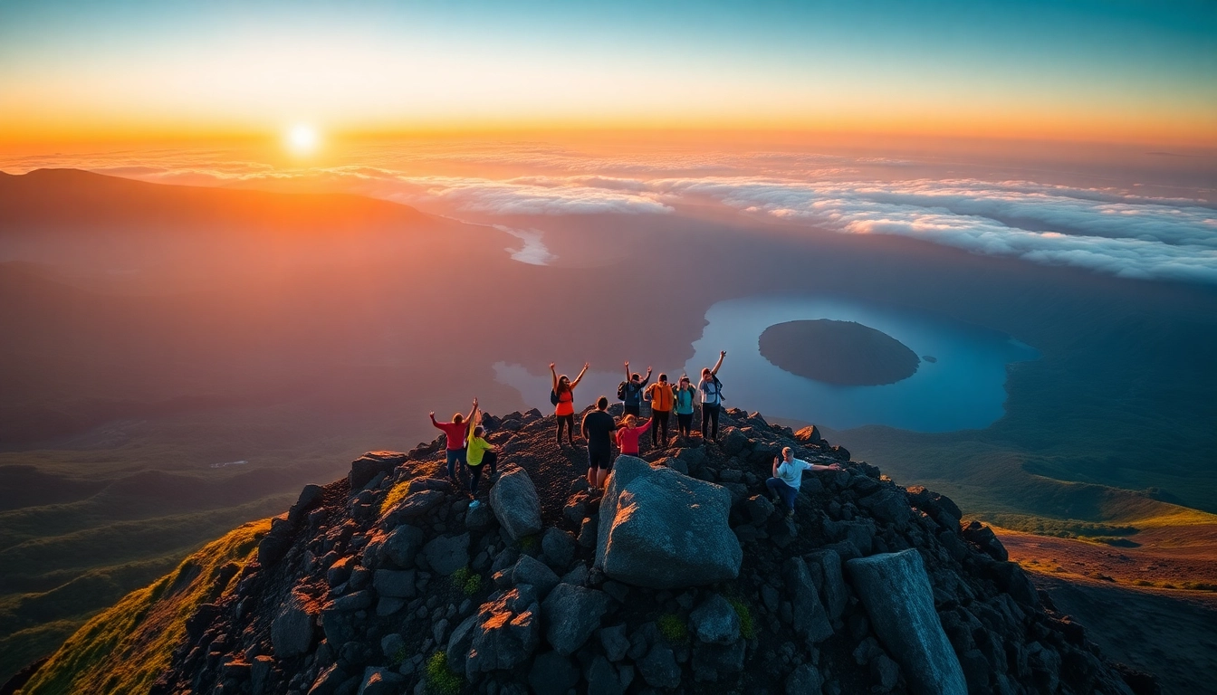 Hikers at sunrise on Mount Rinjani's crater rim with lush landscape and crater lake in the background.
