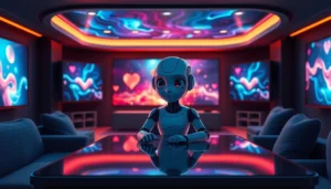 Futuristic AI character in a cozy, illuminated room with screens and textured surfaces.