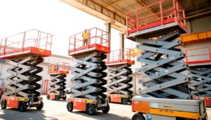 Reliable scissor lift rental services showcasing versatile lifts working on construction sites for safe indoor and outdoor access.