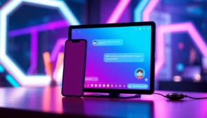 Futuristic smartphone and desktop screens displaying AI chatbot conversations with colorful neon accents