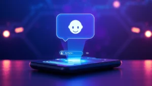 Futuristic digital chat interface with AI character hologram on a sleek device