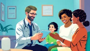 Best health insurance: friendly agent explains family coverage options to a smiling family.