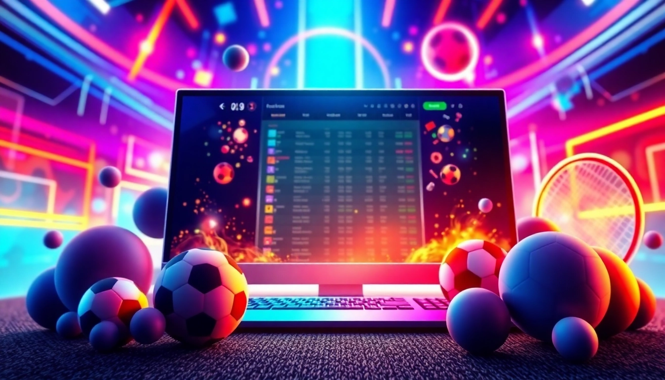 Digital illustration of an online sports betting platform with sports balls and glowing data graphics
