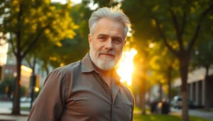 An attractive older man with salt-and-pepper hair standing confidently outdoors during golden hour.
