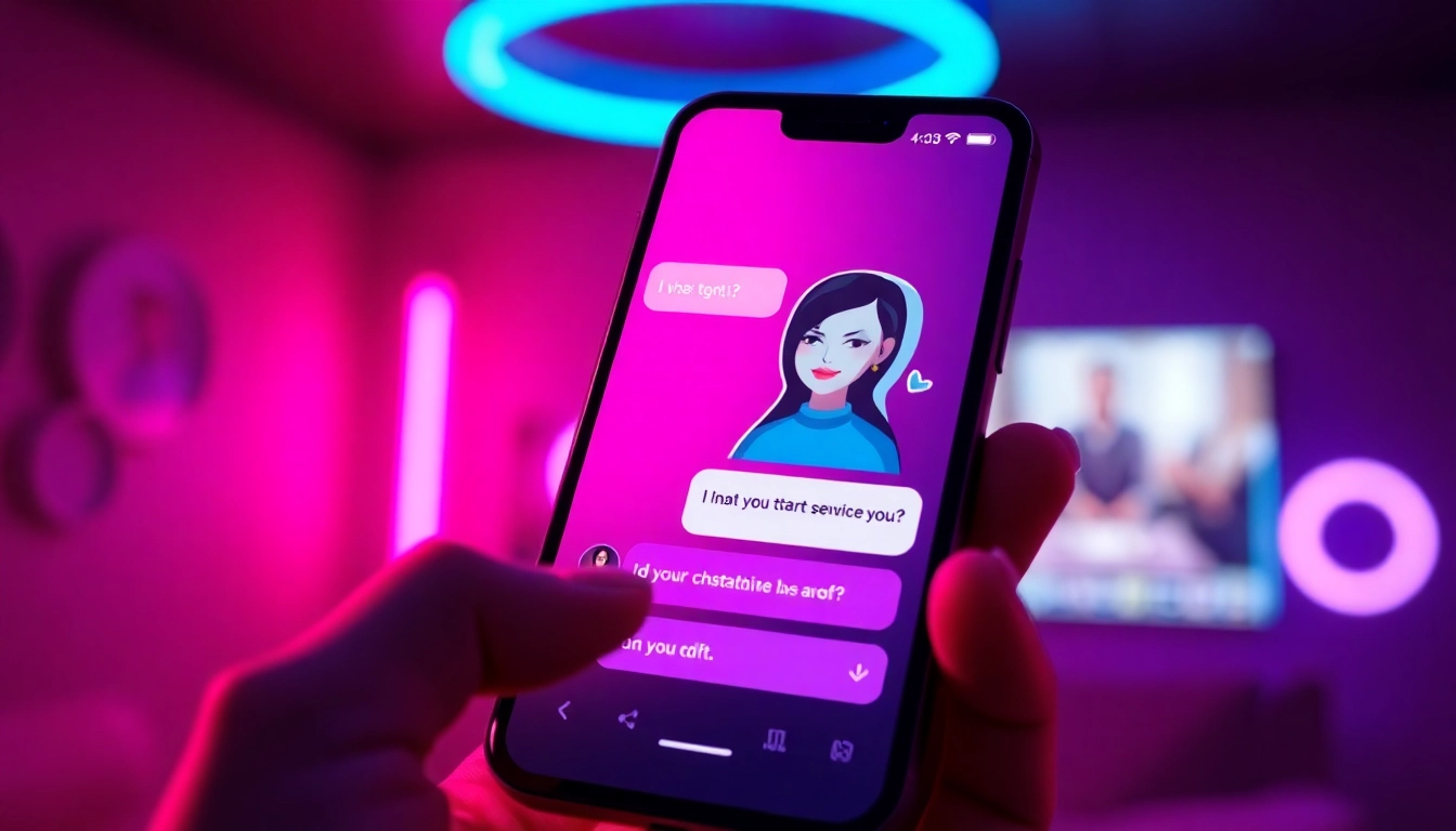 Close-up of a smartphone displaying an adult-themed AI chatbot interface with colorful neon accents and a seductive character avatar.