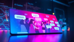 Futuristic AI chatbot interface with animated characters and glowing text bubbles in a high-tech environment.