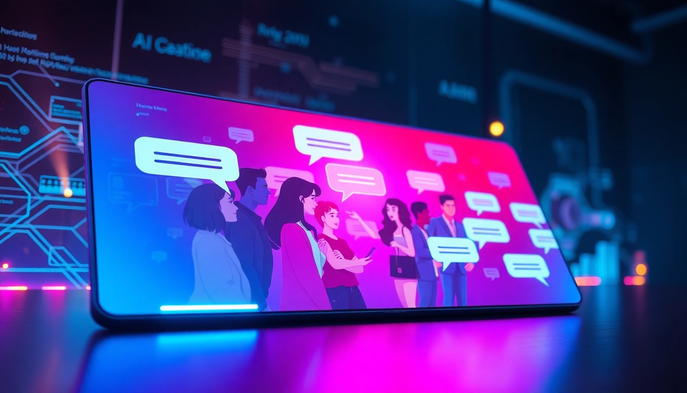 Futuristic AI chatbot interface with animated characters and glowing text bubbles in a high-tech environment.