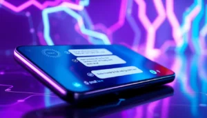 Futuristic AI chatbot interface on a sleek device with neon cybernetic background, conveying digital intimacy and advanced technology.