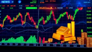 Comprehensive Stocks and Shares News coverage with stock charts, gold, and currency icons in a