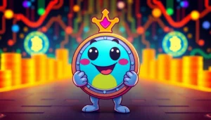 Pepe Coin Meme depicted as a lively cartoon character with blockchain elements and bright